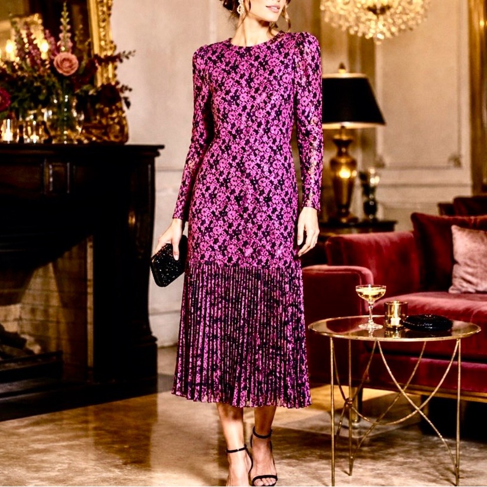 Vintage NUIT Purple Lace Sheer Dress Size 8 Embellished Pleated F208